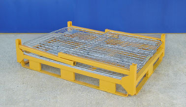 Mobile Yellow Wire Mesh Pallet Cages Folds Flat Space Saving Supermarket Use